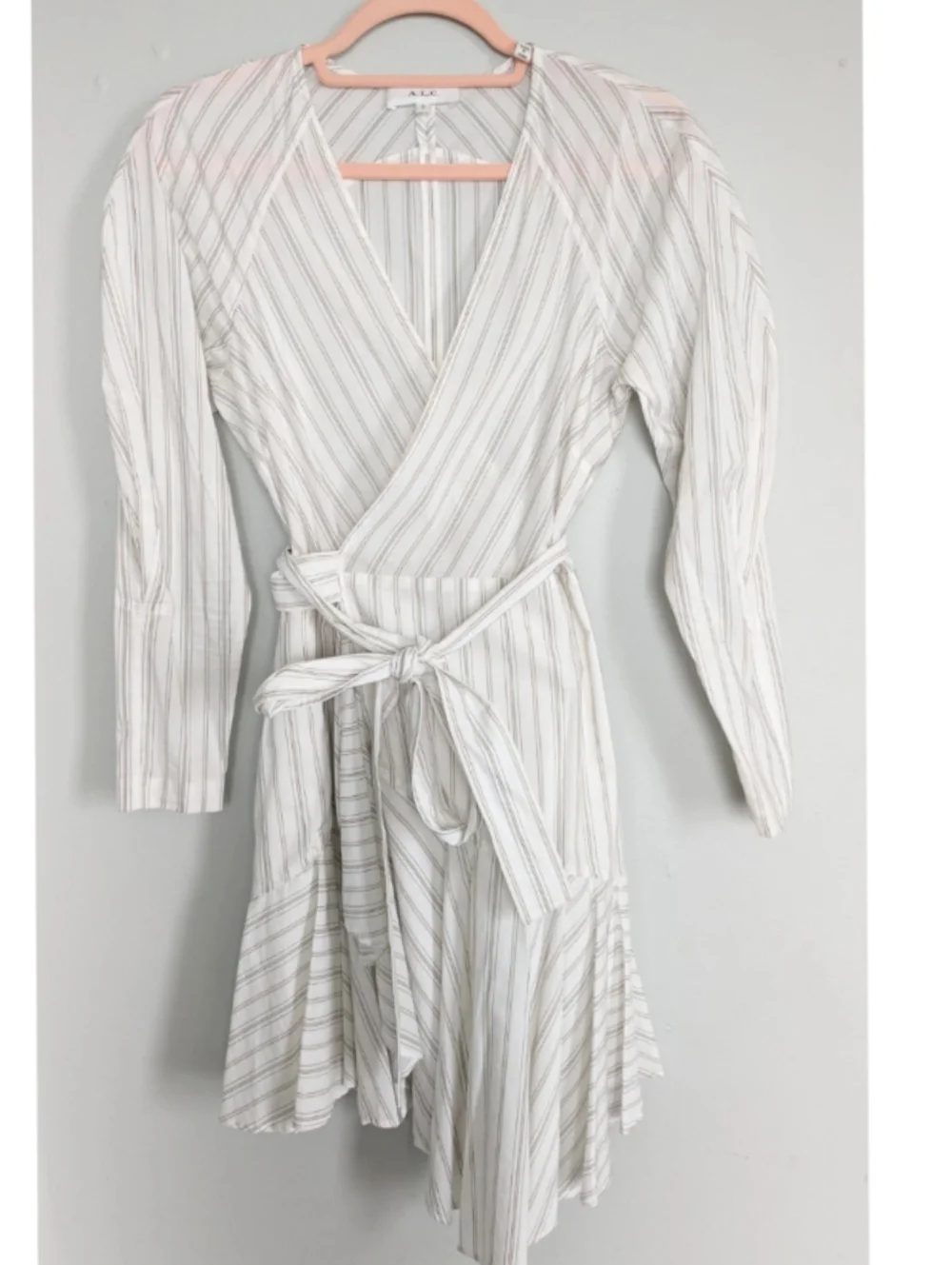 A.L.C. ENZO STRIPED PUFF SLEEVE WRAP DRESS IN WHITE/SALMON - Picture 2 of 9